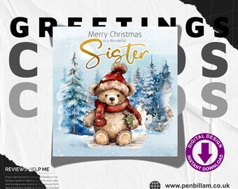 Cute Christmas Card for A Wonderful Sister / Cute Winter Bear with Bobble Hat & Gold Text Design Festive Greetings Card / Commercial Use