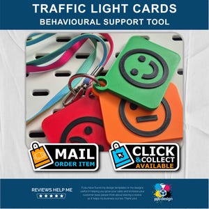 May include: Traffic light cards for behavioral support. The image shows three colored cards: red, orange, and green, each with a black smiley face. The cards are attached to a lanyard. Text on the image reads "MAIL ORDER ITEM" and "CLICK & COLLECT AVAILABLE."