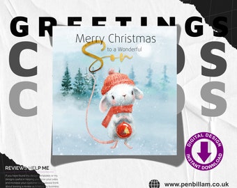 Cute Christmas Card for Son / Cute Winter Mouse & Gold Text Design Festive Greetings Card / Commercial Use