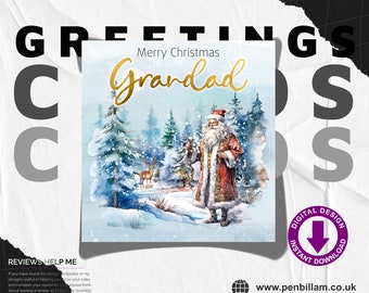 Christmas Greetings Card for That Special Grandad / Fixed Text Design & Gold Foil Effect Grandad Text / Festive Card Card / Commercial Use