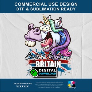 Diseño de transferencia DTF de Crazy Unicorn Britain: Uso comercial (descarga digital PNG)