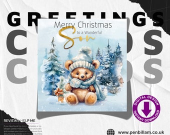 Cute Christmas Card for Son / Cute Winter Bear & Gold Text Design Festive Greetings Card / Commercial Use