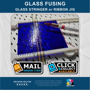 May include: A white glass fusing jig with a blue glass sheet and colorful glass stringers. The image includes the text "GLASS FUSING" and "GLASS STRINGER or RIBBON JIG". Also shown are the words "MAIL ORDER ITEM" and "CLICK & COLLECT AVAILABLE".