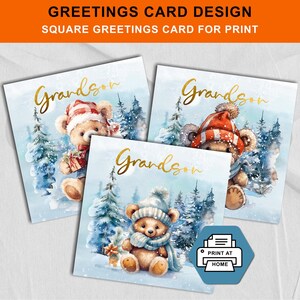 Niedliche Weihnachtskarte für Enkel 3er Set / Niedliche Winterszene & goldener Text Design Festliche Grußkarte / Kommerzielle Nutzung