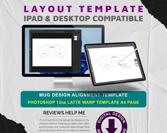 12oz Latte Mug Automatic Image Curving Template for Adobe Photoshop - Creates Perfectly Tapered Prints for Your Latte Mugs / PC, Mac & iPad