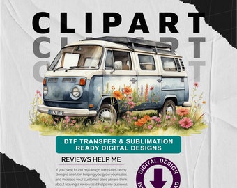 Dark Blue Campervan with Wild Flower Meadow v4 - Camping Themed, Mothers or Fathers Day Transparent PNG - Commercial Use