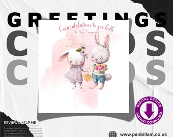 Cute Engagement Card with Rabbits / Engagements & Wedding Announcement Card / Commercial Use