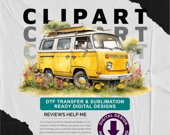 Yellow Campervan with Wild Flower Meadow v2 - Camping Themed, Mothers or Fathers Day Transparent PNG - Commercial Use