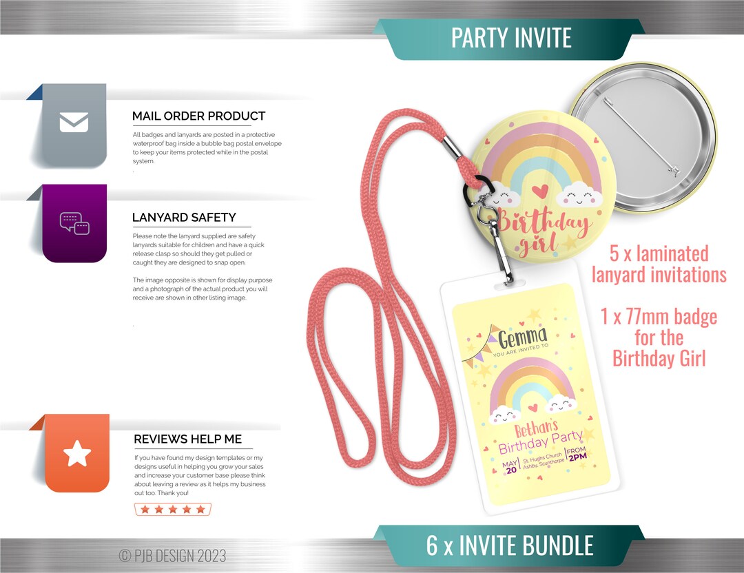 Birthday Lanyard Invitation Pack / Rainbows Childrens Party Etsy