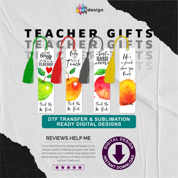 Teacher Sublimation Bookmark Gifts Apple Theme Digital Design Template Set of 4 - Standard Ink and Sublimation Ready Commercial Use