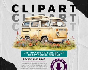 Cream Campervan with Wild Flower Meadow v4 - Camping Themed, Mothers or Fathers Day Transparent PNG - Commercial Use