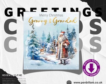 Christmas Greetings Card for Granny and Grandad / Fixed Text Design & Gold Foil Effect Grandad Text / Festive Card Card / Commercial Use