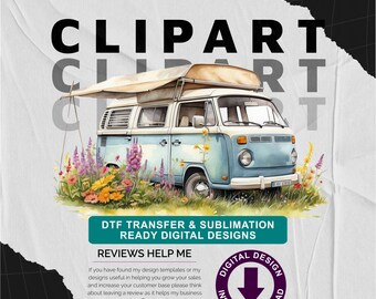 Blue Campervan with Wild Flower Meadow v10 - Camping Themed, Mothers or Fathers Day Transparent PNG - Commercial Use