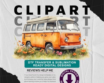 Orange Campervan with Wild Flower Meadow v4 - Camping Themed, Mothers or Fathers Day Transparent PNG - Commercial Use