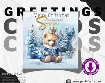 Cute Christmas Card for Son / Cute Bear in a Crown & Gold Text Design Festive Greetings Card / Commercial Use