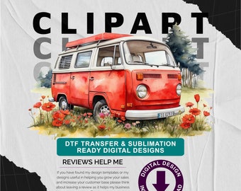 Red Campervan with Wild Flower Meadow v4 - Camping Themed, Mothers or Fathers Day Transparent PNG - Commercial Use