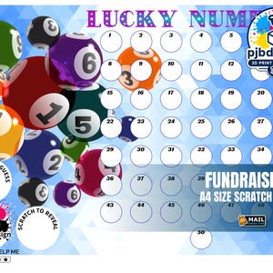 May include: A blue patterned A4 size scratch card titled LUCKY NUMBERS with colourful lottery balls on the left. It features numbered circles from 1 to 50, a section for amount per guess, and the pjbdesign logo. Text includes FUNDRAISING A4 SIZE SCRATCH CARD.