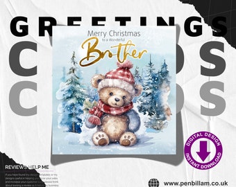 Cute Christmas Card for A Special Brother / Cute Bear with Scarfe & Gold Text Design Festive Greetings Card / Commercial Use