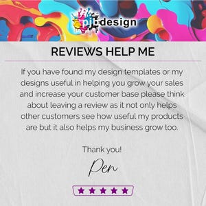 Może przedstawiać: Białe tło z wiadomością proszącą klient&oacute;w o pozostawienie recenzji. Tekst brzmi "REVIEWS HELP ME" i "Jeśli znalazłeś moje szablony projekt&oacute;w lub moje projekty przydatne w zwiększaniu sprzedaży i rozszerzaniu bazy klient&oacute;w, pomyśl o pozostawieniu recenzji, ponieważ nie tylko pomaga to innym klientom zobaczyć, jak przydatne są moje produkty, ale także pomaga mojej firmie rosnąć. Dziękuję! Pen". Pod tekstem znajdują się pięć gwiazdek.