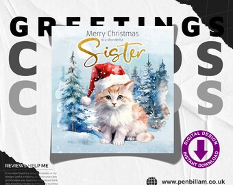 Cute Christmas Card for A Wonderful Sister / Cute Kitten Wearing a Santa Hat & Gold Text Design Festive Greetings Card / Commercial Use