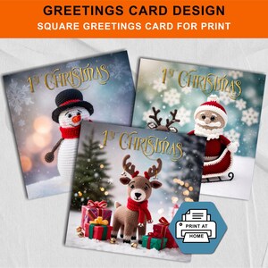Paquete de tarjetas navideñas de 3 diseños, estilo crochet, para uso comercial y unisex.