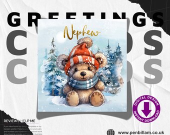 Cute Christmas Card for A Special Nephew / Cute Bear in Hat and Scarfe & Gold Text Design Festive Greetings Card / Commercial Use