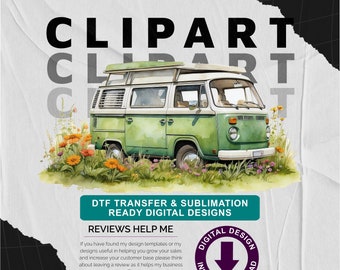 Emerald Campervan with Wild Flower Meadow v2 - Camping Themed, Mothers or Fathers Day Transparent PNG - Commercial Use