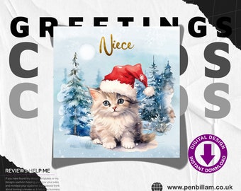 Cute Christmas Card for A Special Niece / Cute Kitten in a Santa Hat & Gold Text Design Festive Greetings Card / Commercial Use