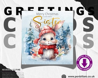 Cute Christmas Card for A Wonderful Sister / Cute Bunny & Gold Text Design Festive Greetings Card / Commercial Use