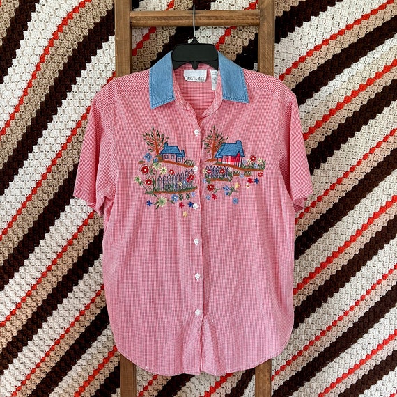 Vintage Red Gingham Embroidered Button Down Size M