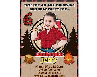 Lumberjack Axe Throwing Birthday,Campfire Party,Flannel,Plaid Invitation Party,Custom Invite,Photo Invite,Face Invitations,Printable DIGITAL