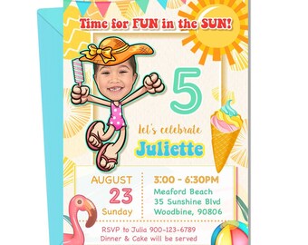 Fun in the Sun Birthday Invitation,Summer Party Invite,Beach Birthday,Pool Party,Face Invitation,Fun in the Sun,Pool Party Birthday,DIGITAL