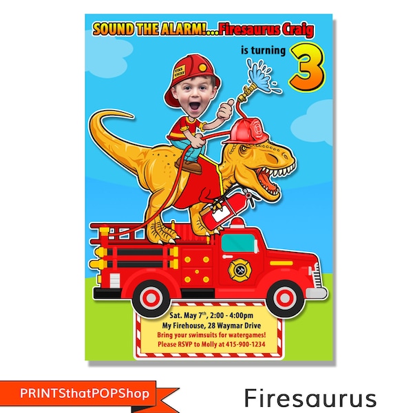Firesaurus Party,Dinosaur Fire Fighter Invitation,Fire Truck Party,Custom Face Invites,Firefighter Invitation,Fireman,Fire Truck Card,Ladder