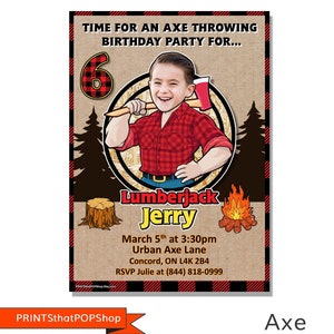Op de afbeelding: Een verjaardagsuitnodiging voor een jongen van 6 jaar met een houthakkers thema. De uitnodiging toont een cartoon afbeelding van een jongen die een bijl vasthoudt, met de tekst "Lumberjack Jerry" en details over het feest, inclusief de datum, tijd en locatie.