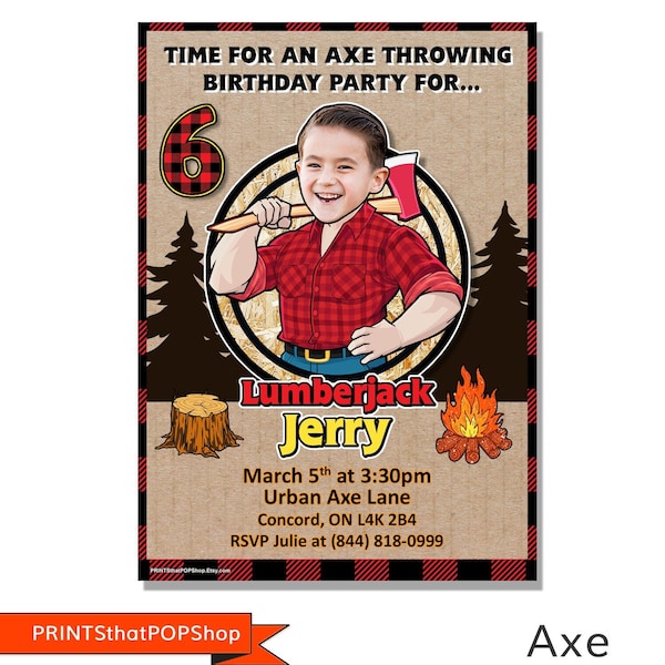 Lumberjack Axe Throwing Birthday,Campfire Party,Flannel,Plaid Invitation Party,Custom Invite,Photo Invite,Face Invitations,Printable DIGITAL