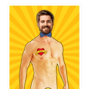May include: A digital printable image of a man with a beard and a bow tie. The man is shirtless and has a tattoo of a heart with the word "Julia" on his chest. The background is yellow with a sunburst pattern.