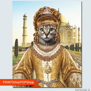 May include: A tabby cat wearing a gold and white queen's gown with a crown and a jeweled necklace. The cat is standing in front of a large building with a dome and minarets.