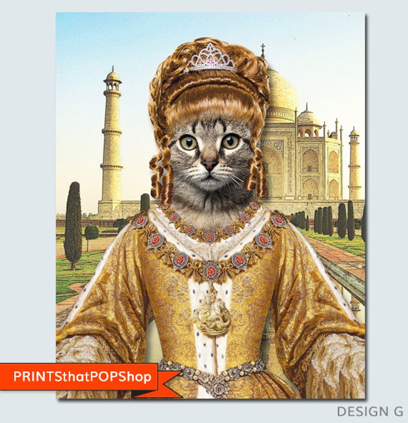 May include: A tabby cat wearing a gold and white queen's gown with a crown and a jeweled necklace. The cat is standing in front of a large building with a dome and minarets.