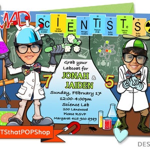 Mad Science Invitation,Experiment,Birthday Invitation,Custom Face Invites,Scientist Party,Science Birthday,Sibling Invite,Twins,Photo Invite image 4