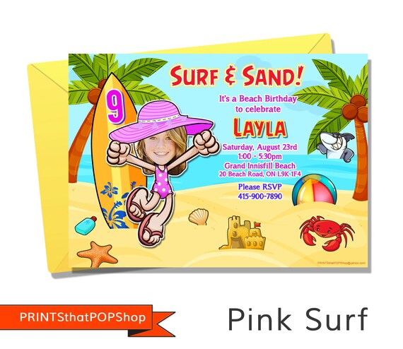 Beach Party Invitation,Beach Birthday,Surfs Up Invite,Summer Party,Sandcastle,Turtle,Sun,Tropical Theme,Custom Photos,Face Invite,Surf Party Il_570xn