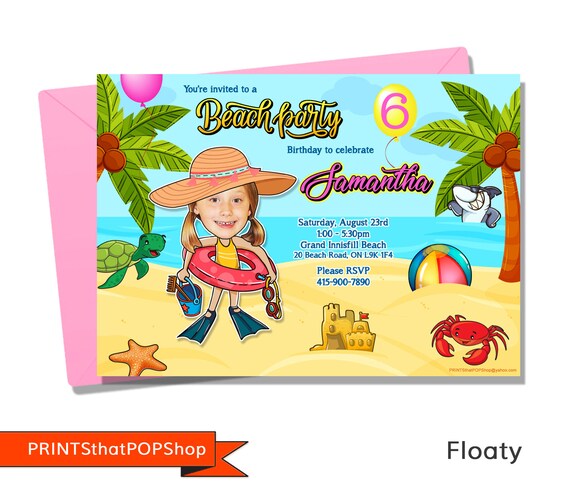Beach Party Invitation,Beach Birthday,Surfs Up Invite,Summer Party,Sandcastle Invitation,Tropical Theme,Custom Photos,Face Invite,Surf Party Il_570xn