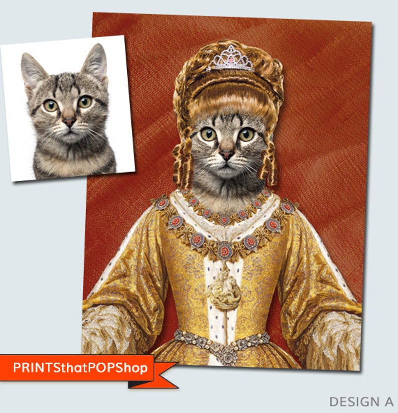 May include: A tabby cat wearing a gold and white dress with a crown and a jeweled necklace. The cat has a red background.
