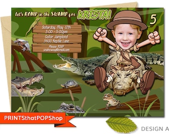 May include: A green and brown invitation card with a cartoon illustration of a boy dressed as an explorer riding a crocodile. The text on the card reads "Let's ROMP in the SWAMP for KRISTA!" and includes details for a birthday party.