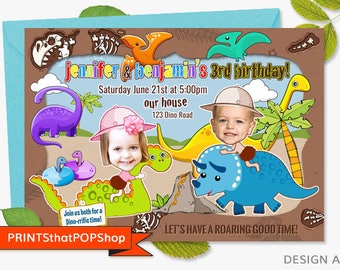 Dinosaur Invitation,Custom Face Invites,Dinosaurs,Double Party,Twins,Triplets,Dinosaur Party,Siblings,Dinosaur Theme,T-Rex,Anthropoligist