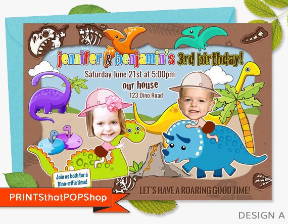 Dinosaur Invitation,Custom Face Invites,Dinosaurs,Double Party,Twins,Triplets,Dinosaur Party,Siblings,Dinosaur Theme,T-Rex,Anthropoligist Il_570xn