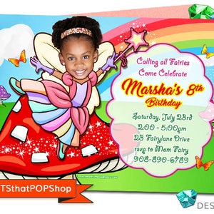 Puede incluir: Una invitación de cumpleaños colorida para el octavo cumpleaños de una niña llamada Marsha. La invitación presenta a una hada de dibujos animados con alas de arcoíris sentada en un hongo. La invitación incluye la fecha, la hora y la dirección de la fiesta. El texto de la invitación dice: "Calling all Fairies Come Celebrate Marsha's 8th Birthday Saturday, July 23rd 2:00-5:00pm 23 Fairylane Drive rsvp to Mem Fairy 908-890-6789"