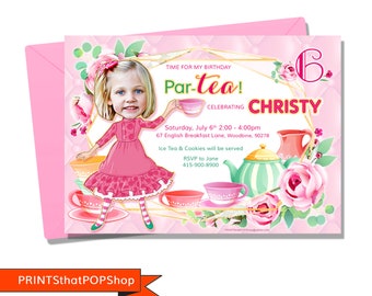 Invito per il Tea Party, High Tea Party, Invito personalizzato con il volto, Invito con foto, Invito per il Tea Party per la festa nuziale, Tema Tea Party, Biglietto d'invito floreale per il Tea Party