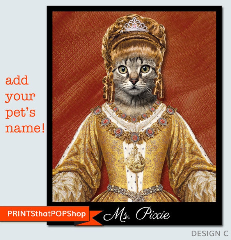 May include: A digital illustration of a cat dressed as a queen. The cat is wearing a gold crown, a gold necklace, and a gold dress. The background is red. The text "Ms. Pixie" is at the bottom of the image.