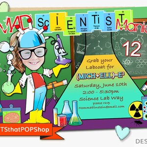 Mad Science Invitation,Experiment,Birthday Invitation,Custom Face Invites,Scientist Party,Science Birthday,Sibling Invite,Twins,Photo Invite image 3