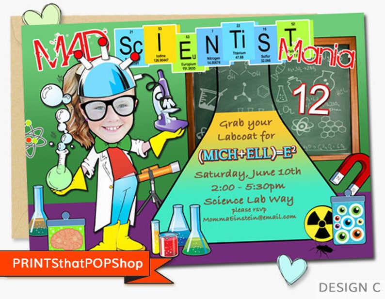 Mad Science Invitation,Experiment,Birthday Invitation,Custom Face Invites,Scientist Party,Science Birthday,Sibling Invite,Twins,Photo Invite image 3